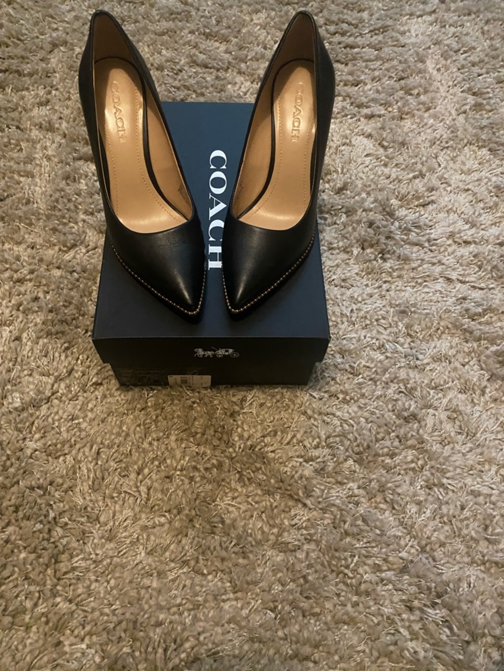 Coach Waverly 85 BChain Black Pointed Toe Leather Heels with Gold Stud Trim